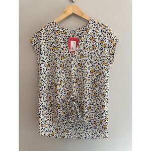 Allison Joy Tie Front Top‎ Animal Print Blouse Short Sleeve Ivory Yellow XS